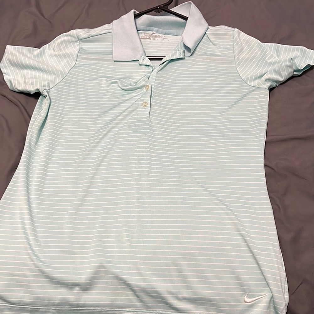 NIkeGolf DriFit Button-Up Shirt, Light Teal w/ White Stripes, Size Medium
